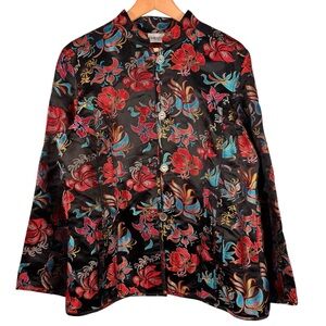 Chicos VTG Silk Blend Asian Mandarin Collar Floral Brocade Jacket Size 2 Large